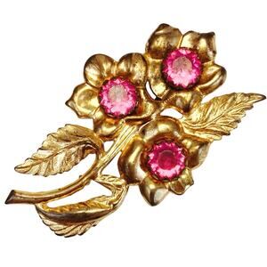 Vintage 1940s Gold Tone Pink Rhinestone Floral Brooch Big Romantic Statement Pin